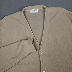 Vintage 70s Knit Cardigan Sweater Mens Large Tan Button Up Golfing Grandpa EC
